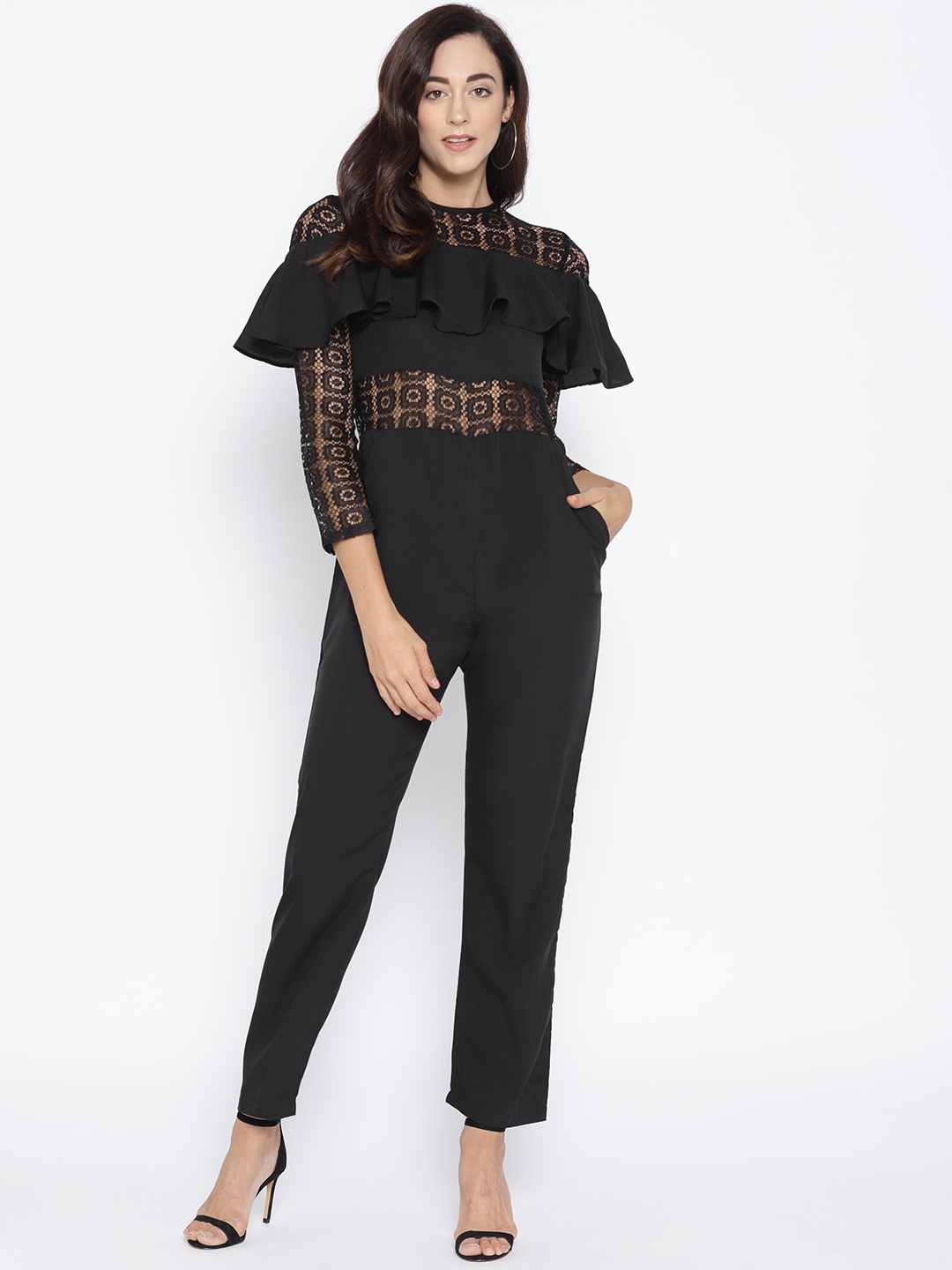 

Karmic Vision Women Black Lace Insert Basic Jumpsuit