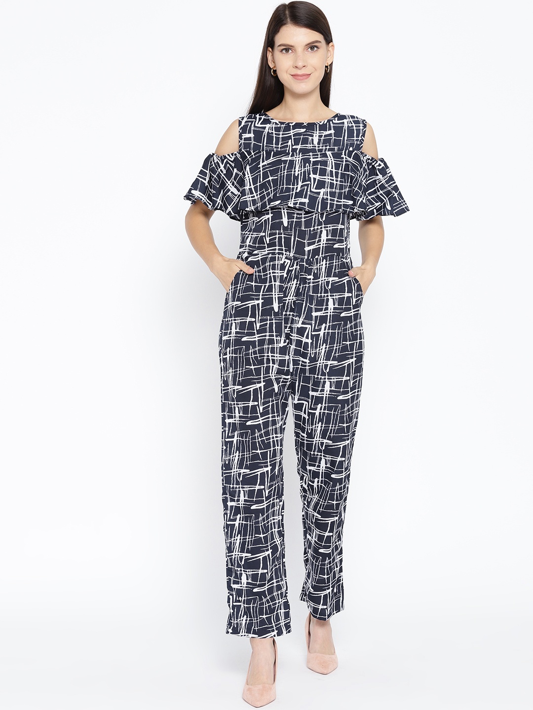 

Karmic Vision Women Navy Blue & White Printed Cold-Shoulder Jumpsuit