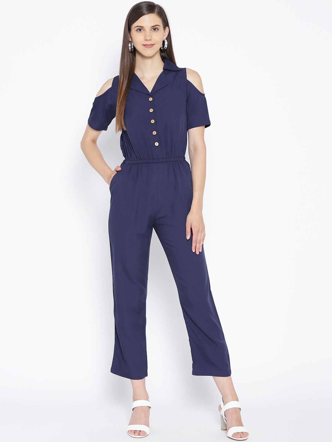 

Karmic Vision Women Navy Blue Solid Cold Shoulder Basic Jumpsuit