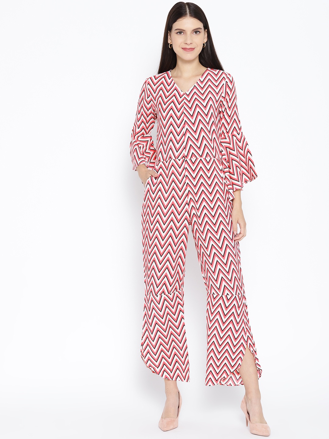 

Karmic Vision Women Pink & White Chevron Print Basic Jumpsuit