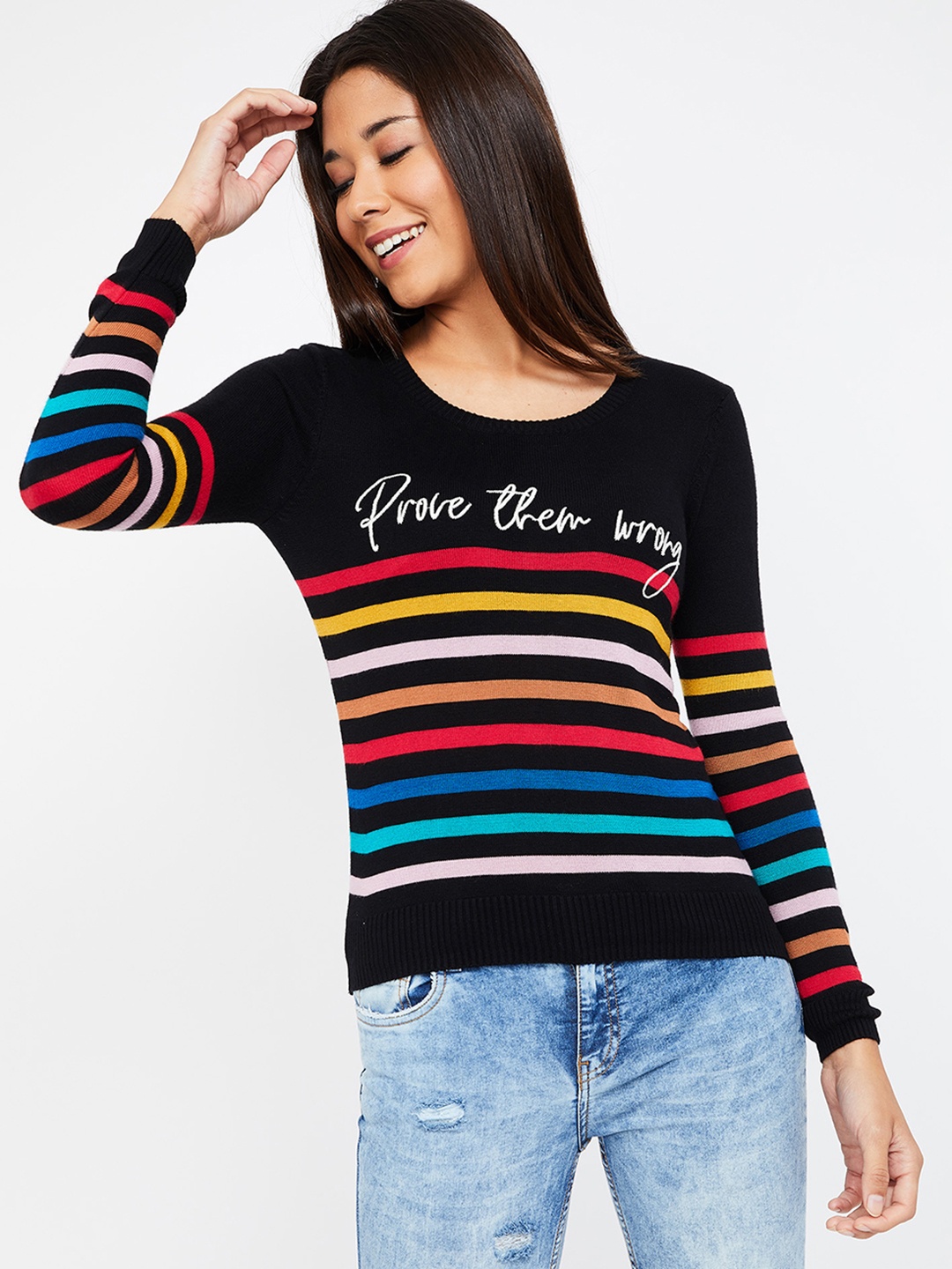 

Ginger by Lifestyle Women Black & Red Striped Pullover Sweater