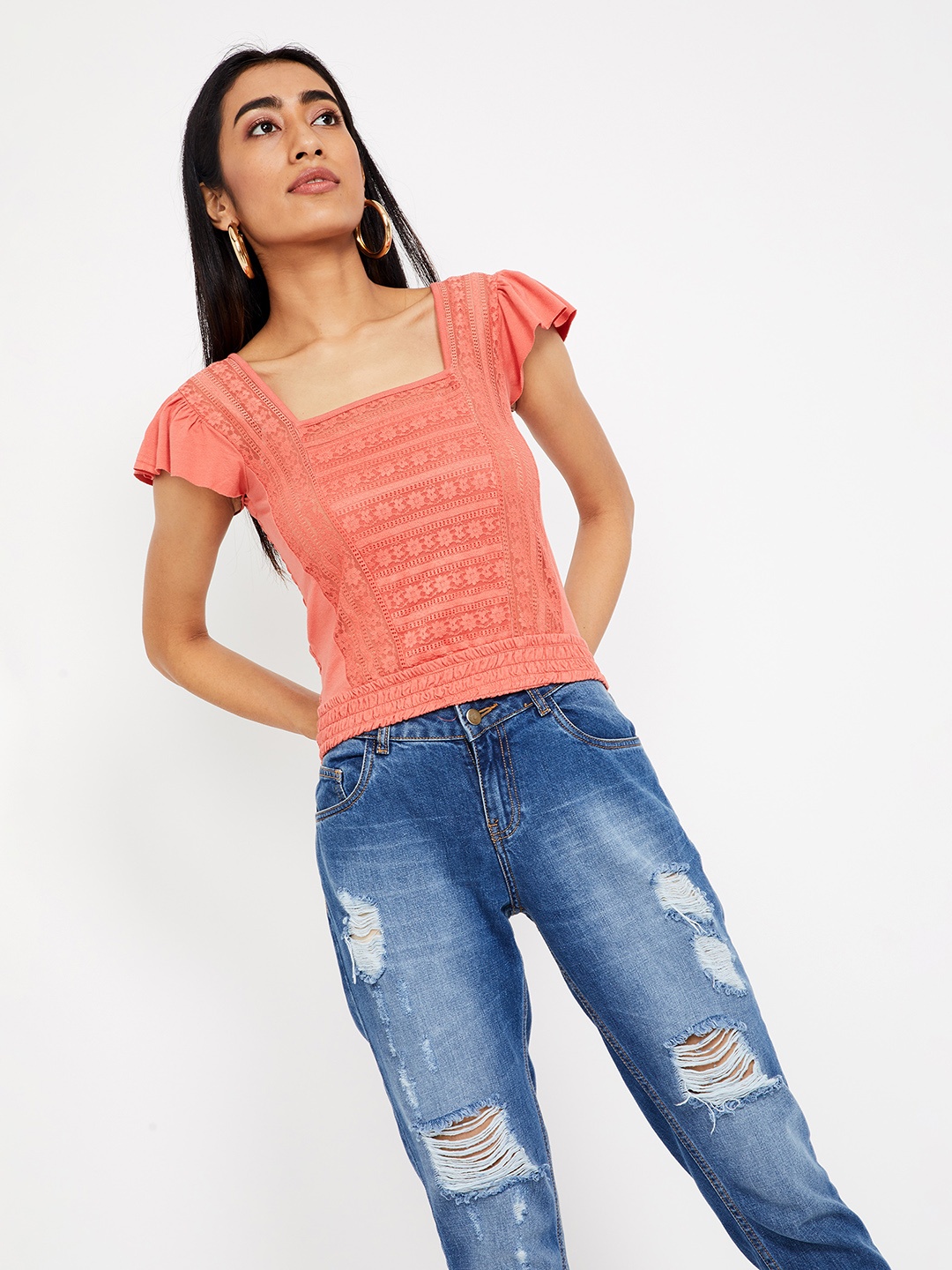 

Ginger by Lifestyle Women Coral Pink Self Design Top