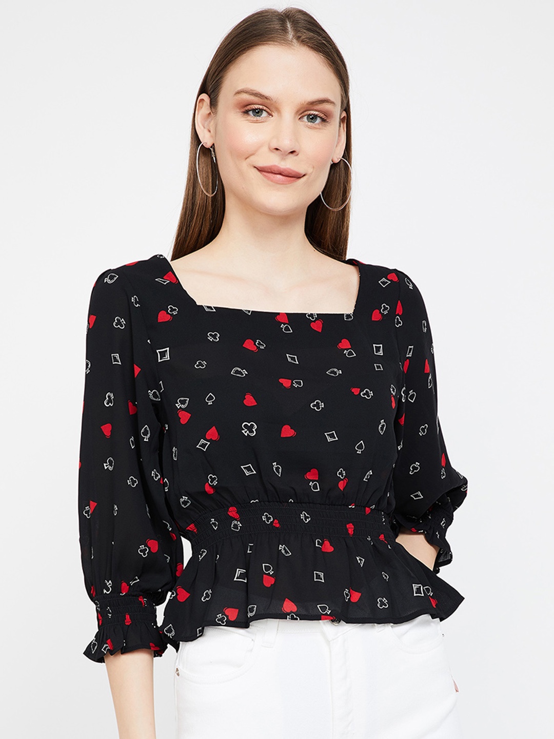 

Ginger by Lifestyle Women Black & Red Printed Peplum Pure Cotton Top