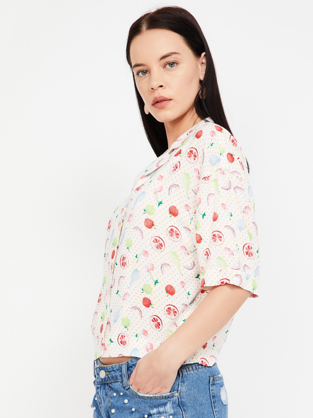 

Ginger by Lifestyle Women Off-White Fruit Print Shirt Style Pure Cotton Top