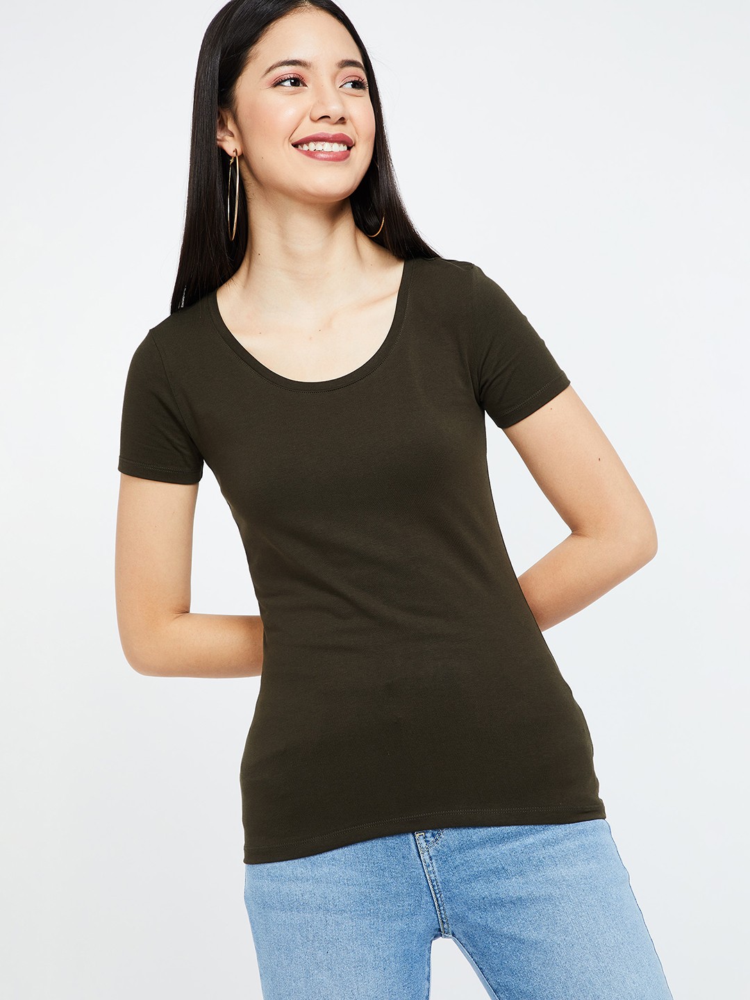 

Ginger by Lifestyle Women Olive Brown Solid Round Neck T-shirt