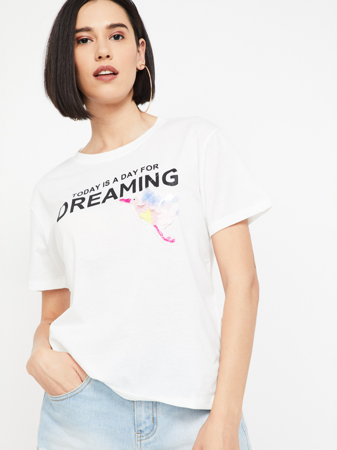 

Ginger by Lifestyle Women White Printed Round Neck T-shirt