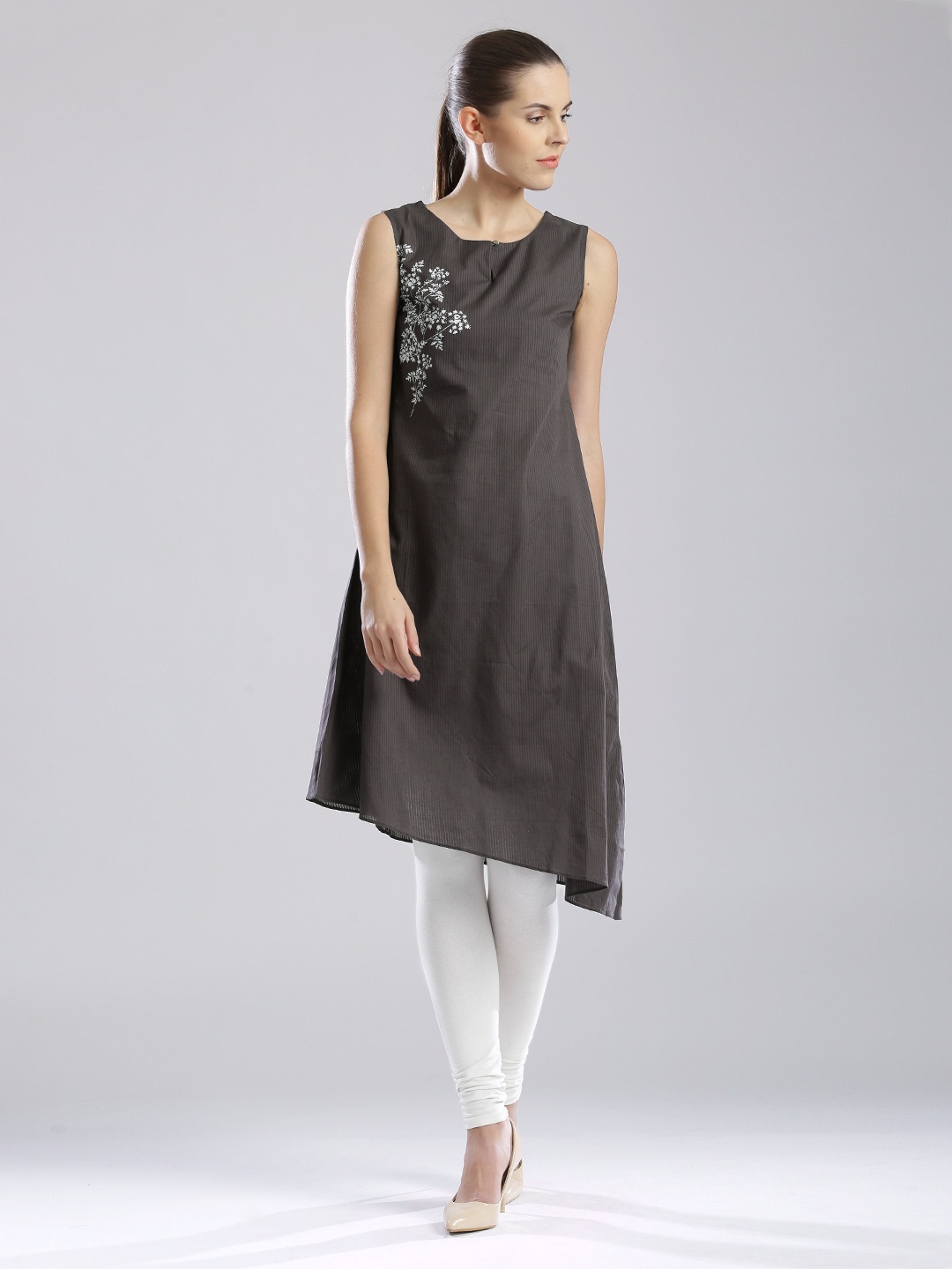 

W Grey Self-Striped A-Line Kurta