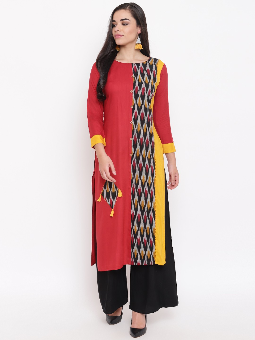 

Kurti's by Menka Women Maroon & Mustard Yellow Printed Straight Kurta