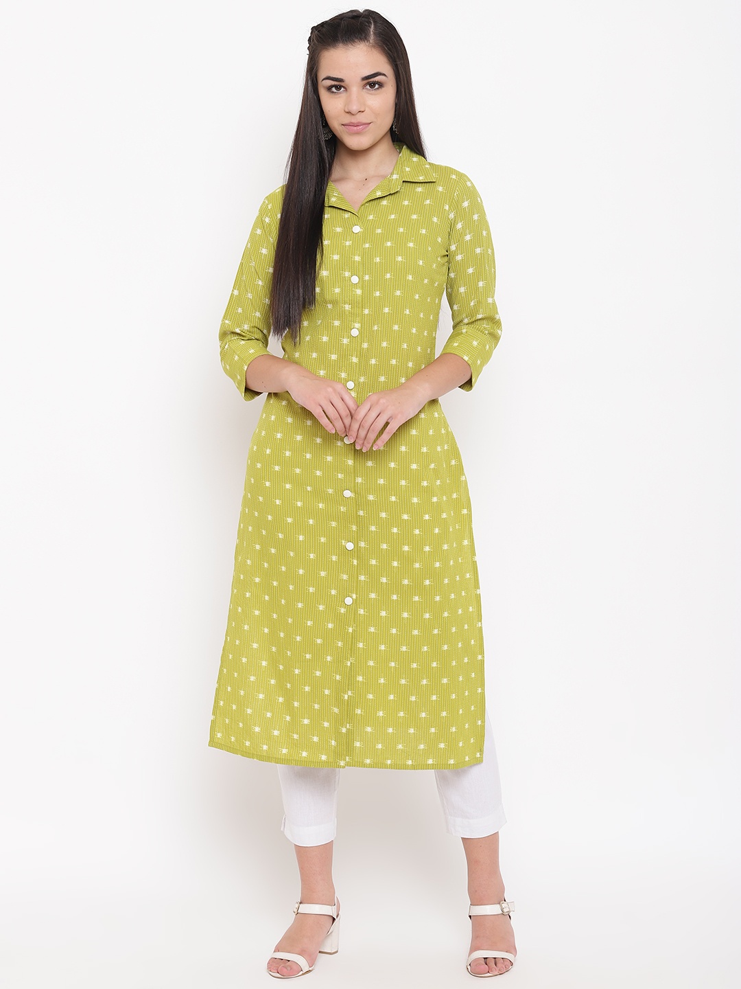 

Kurti's by Menka Women Lime Green & Off-White Printed Straight Kurta