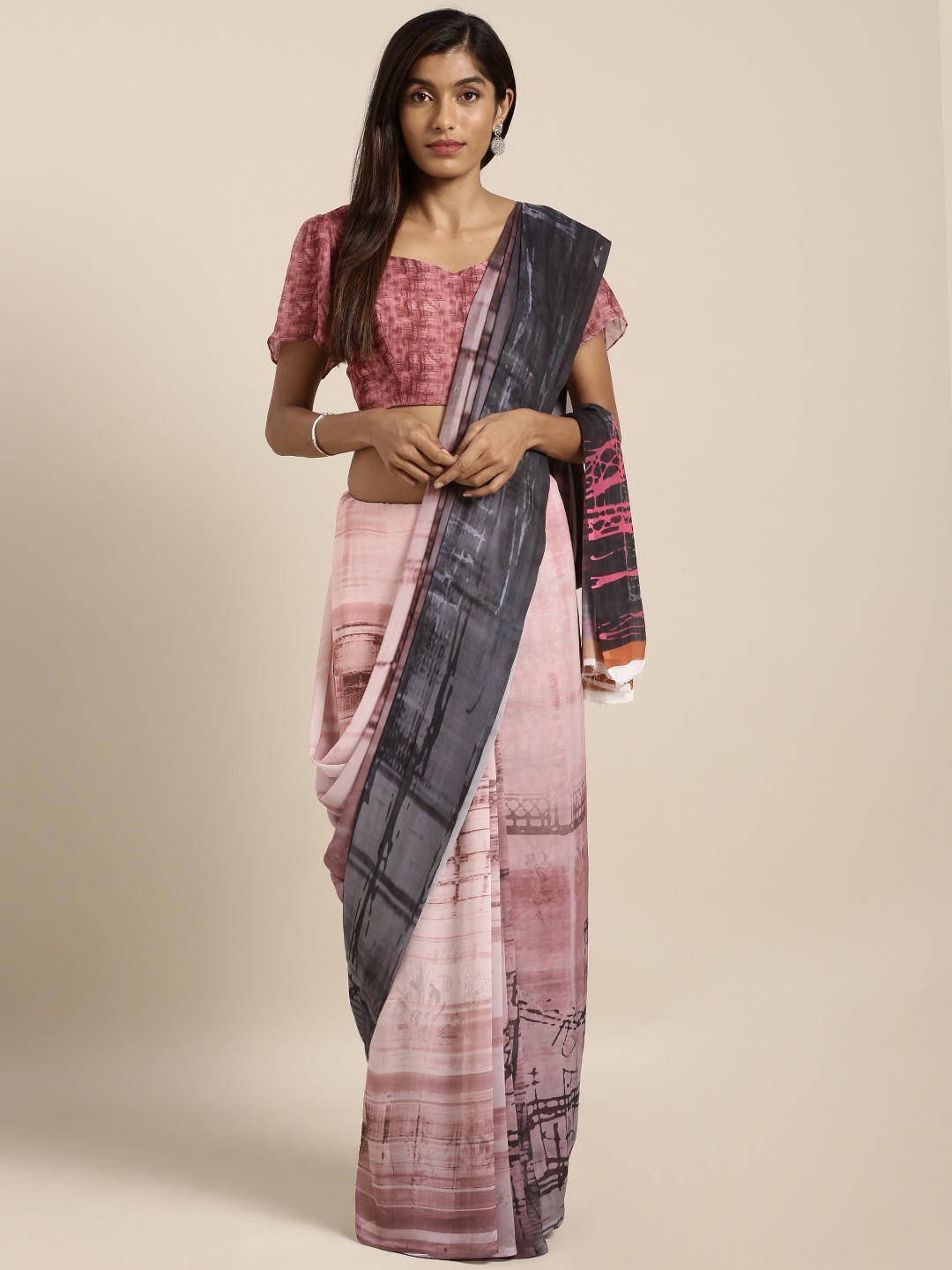 

Kvsfab Mauve & Black Printed Poly Georgette Saree