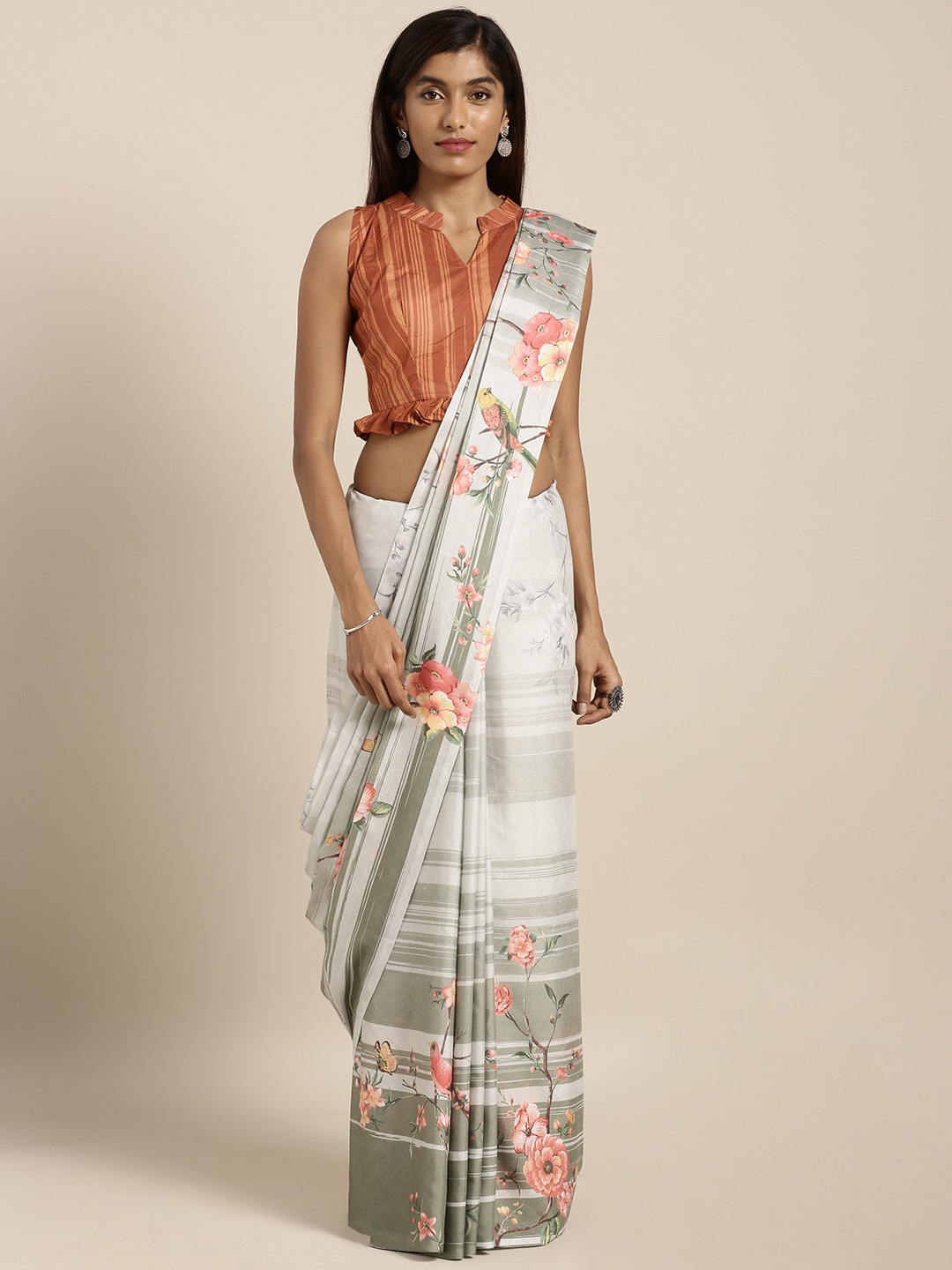 

Kvsfab Grey & Orange Ploy Georgette Printed Saree