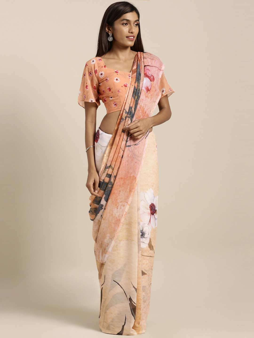 

Kvsfab Beige & Pink Printed Poly Georgette Saree