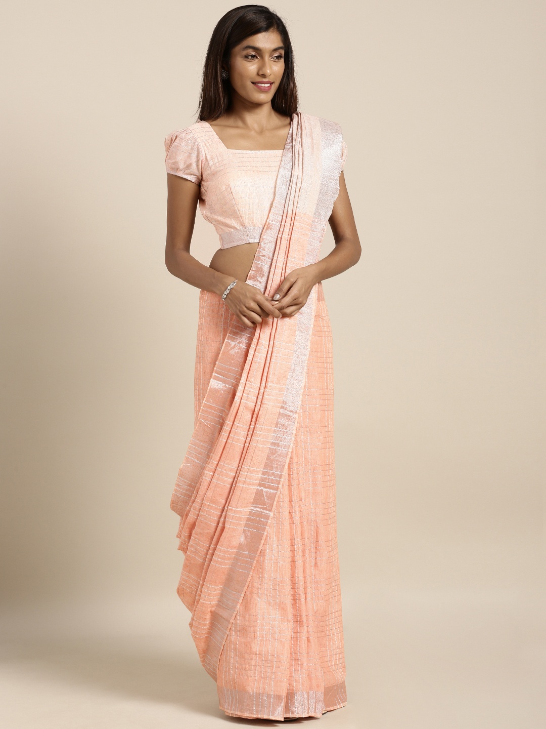 

Kvsfab Peach-Coloured Checked Linen Blend Saree