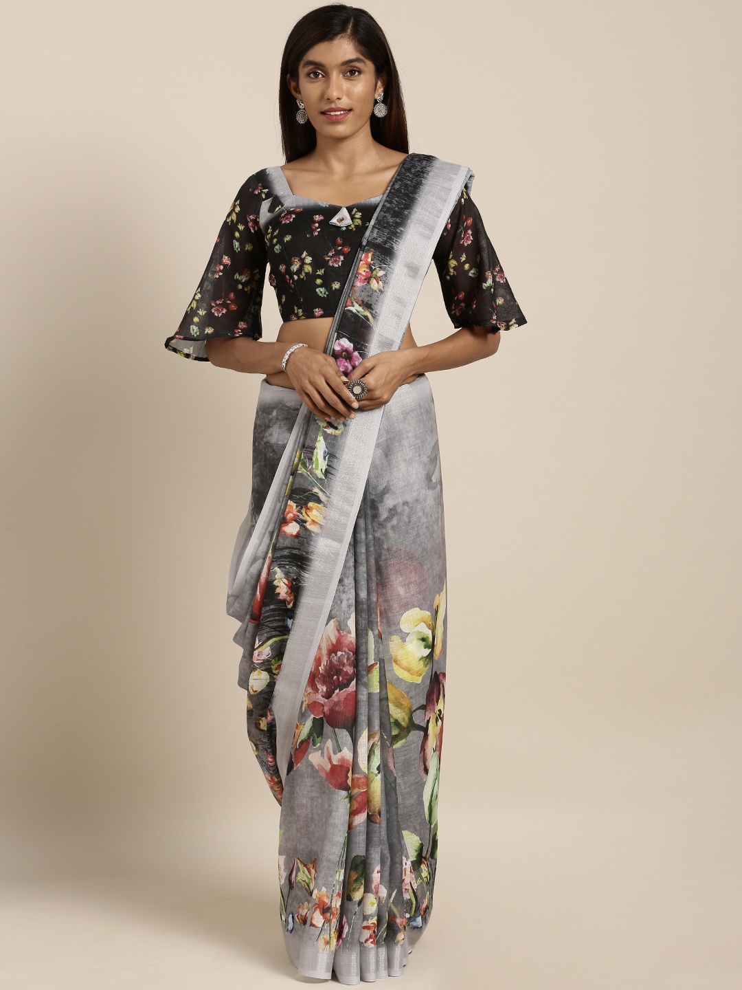 

Kvsfab Black & Grey Linen Blend Printed Saree