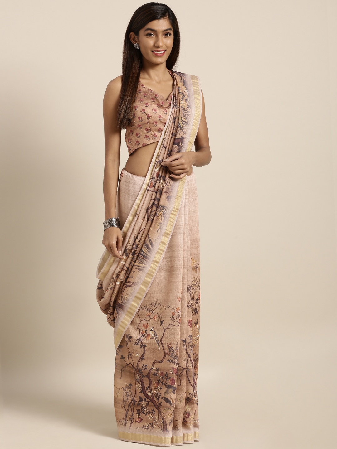 

Kvsfab Brown Printed Cotton Blend Saree