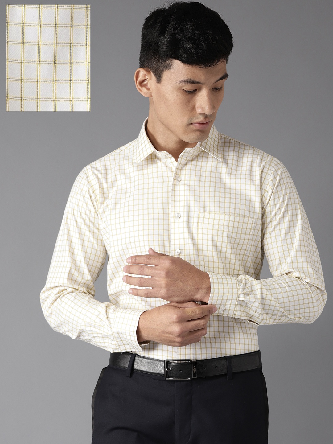 

DENNISON Men White & Yellow Slim Fit Checked Formal Shirt