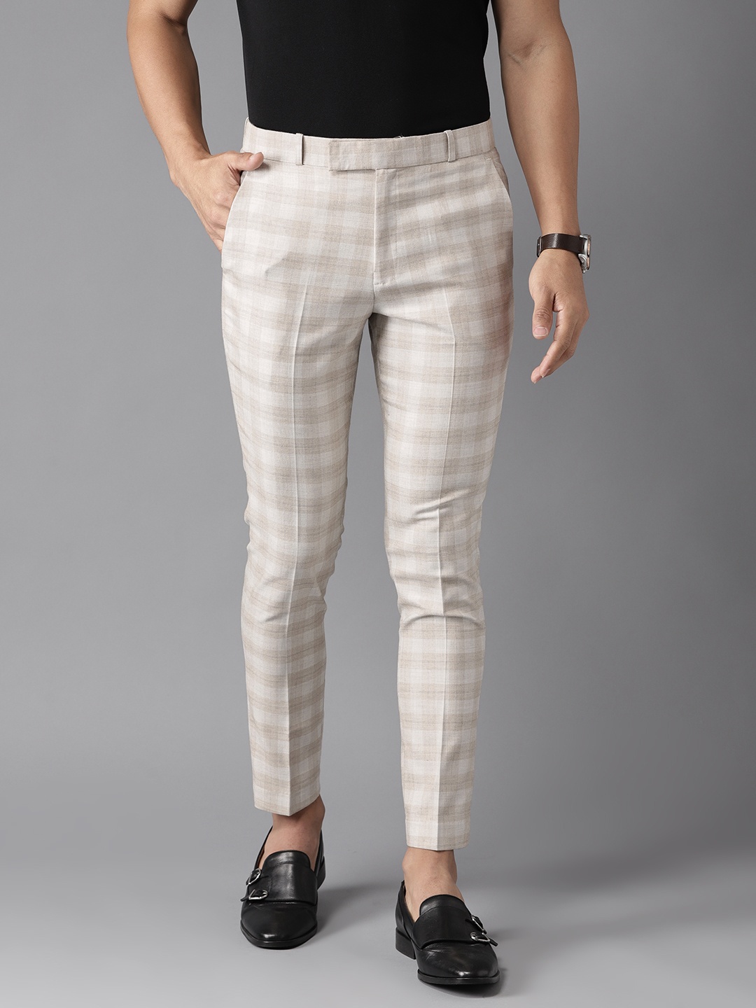 

DENNISON Men Beige Smart Tapered Fit Checked Regular Trousers