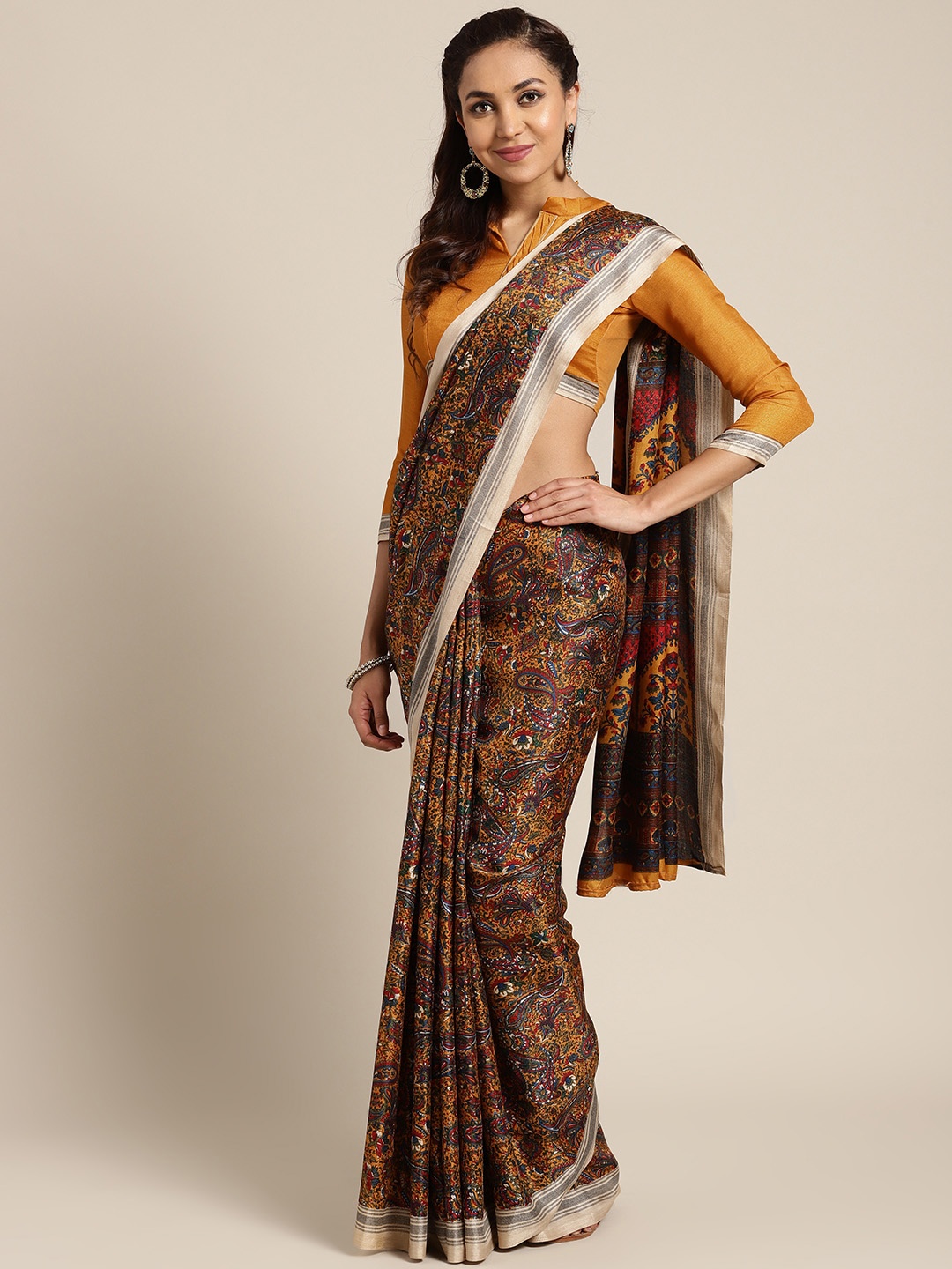 

Saree mall Mustard Yellow & Green Printed Saree