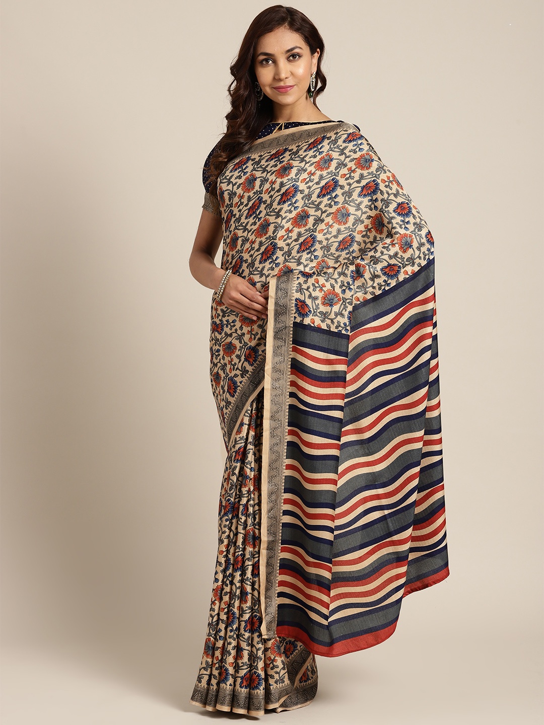 

Saree mall Beige & Blue Printed Saree