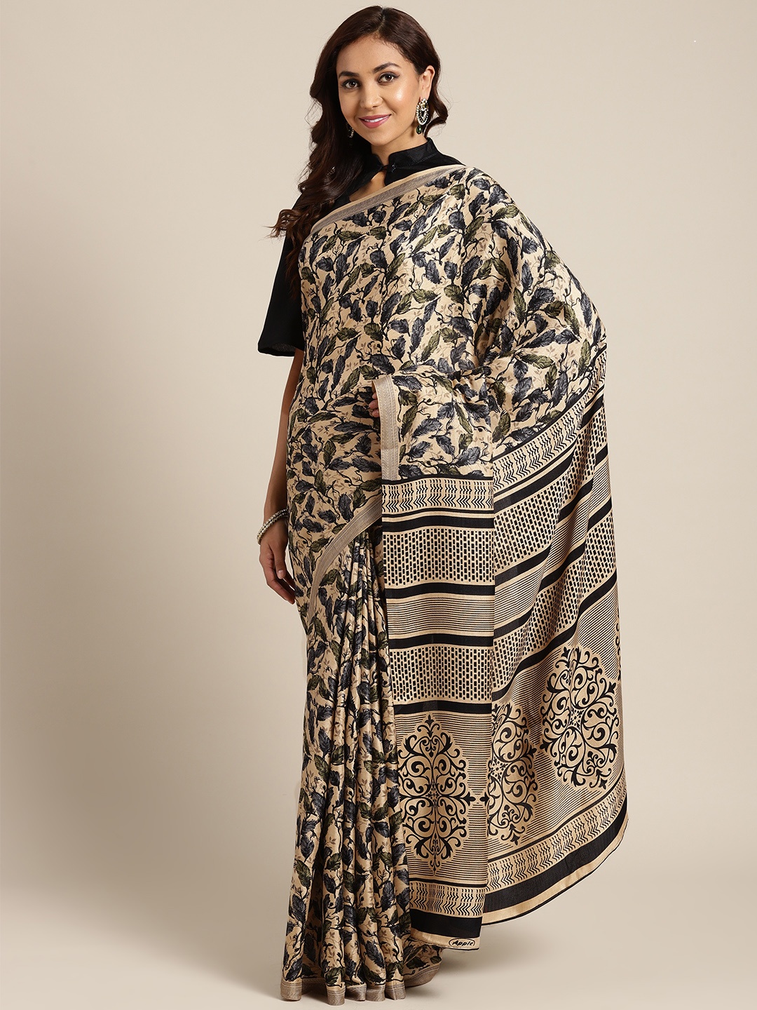 

Saree mall Beige & Charcoal Grey Printed Saree