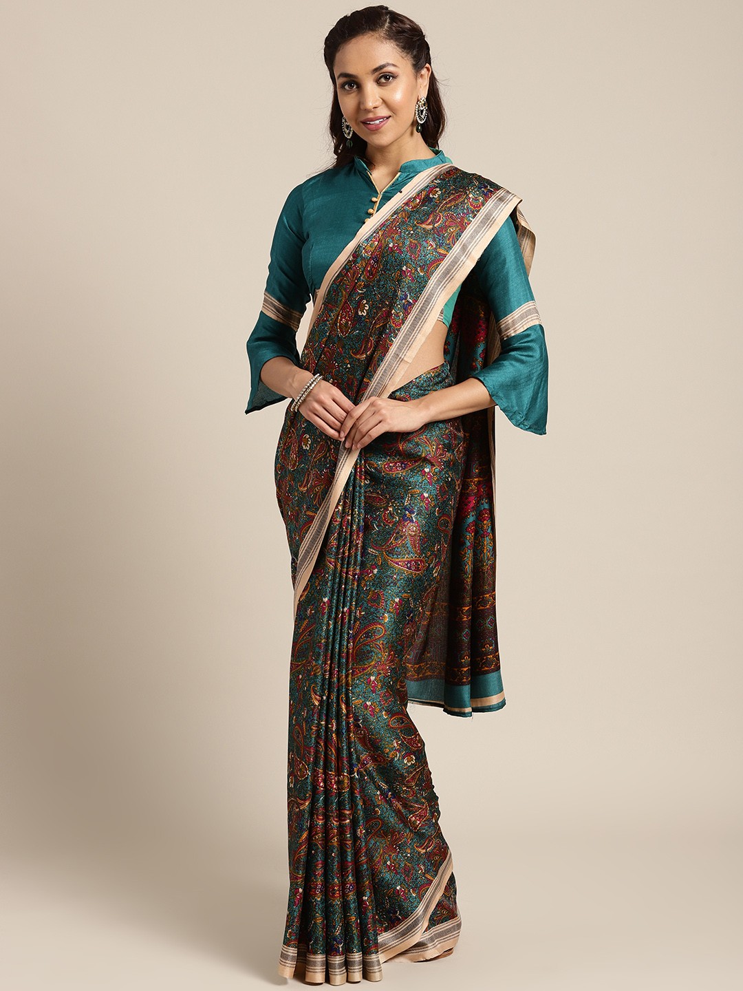 

Saree mall Teal Blue & Red Printed Saree