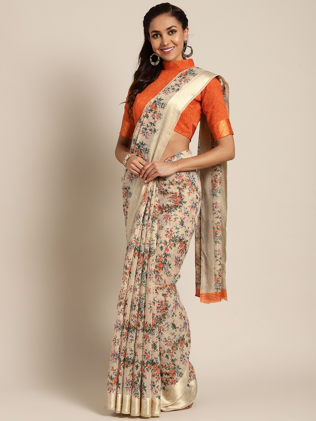 

Saree mall Beige & Orange Printed Saree