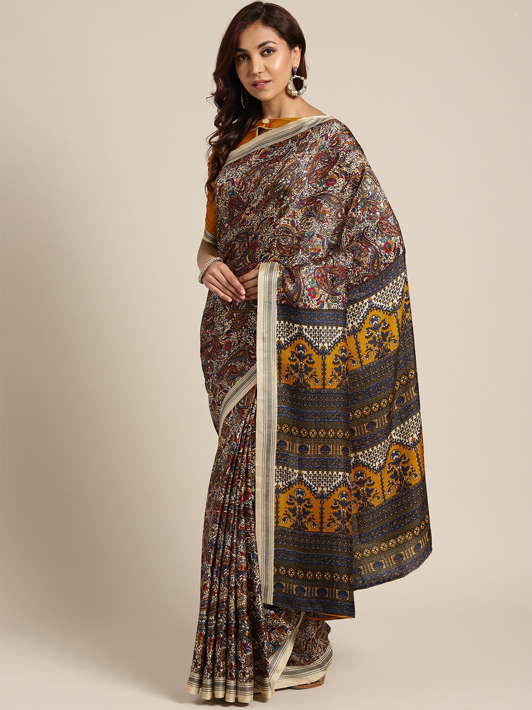 

Saree mall Beige & Navy Blue Printed Saree