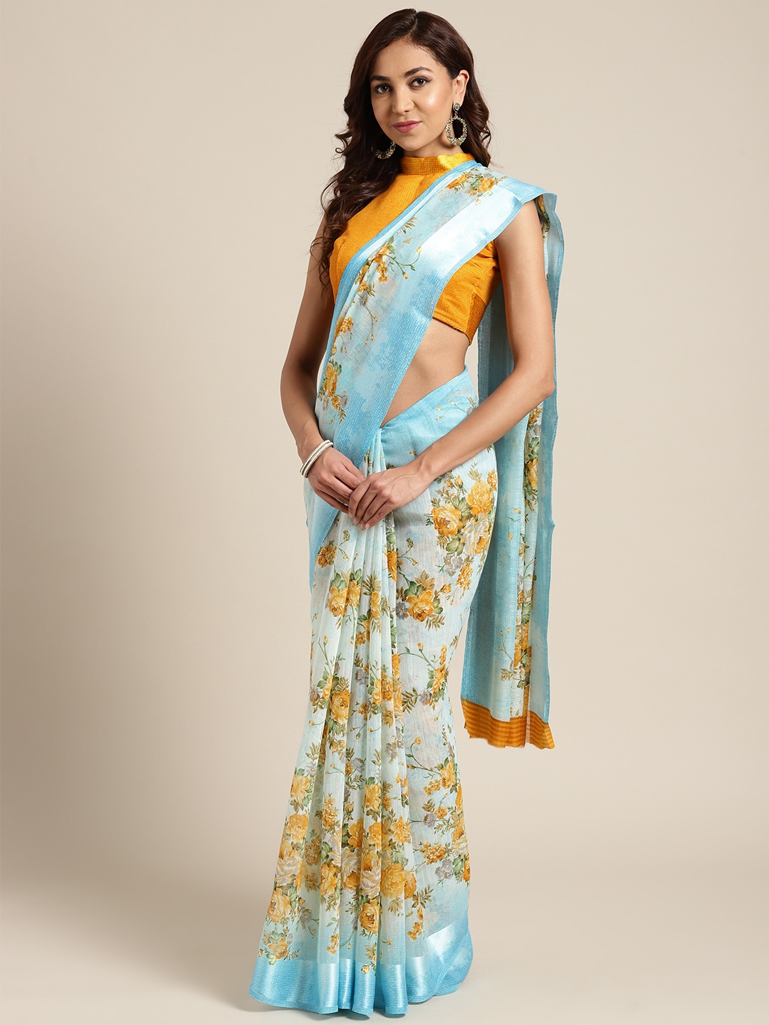 

Saree mall Blue & Mustard Yellow Printed Saree