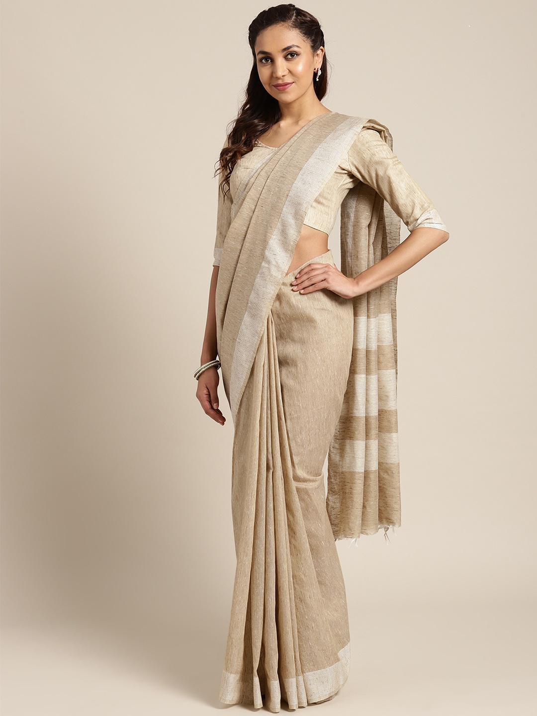 

Saree mall Beige Linen Handloom Solid Bhagalpuri Saree