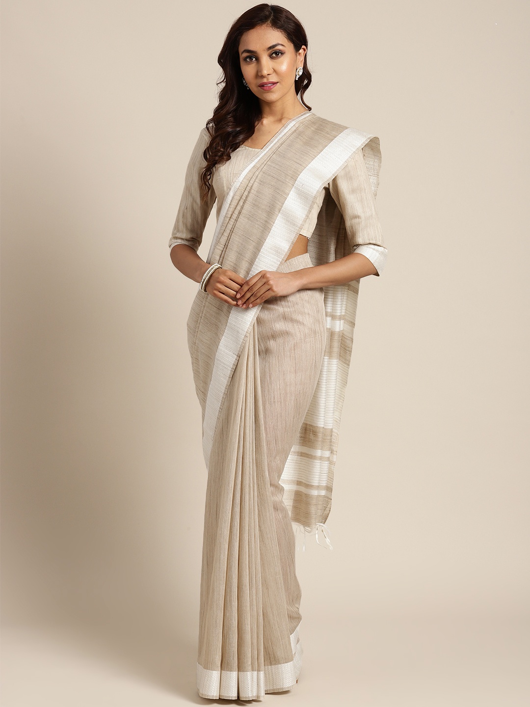 

Saree mall Beige & Off-White Linen Woven Design Bhagalpuri Handloom Saree