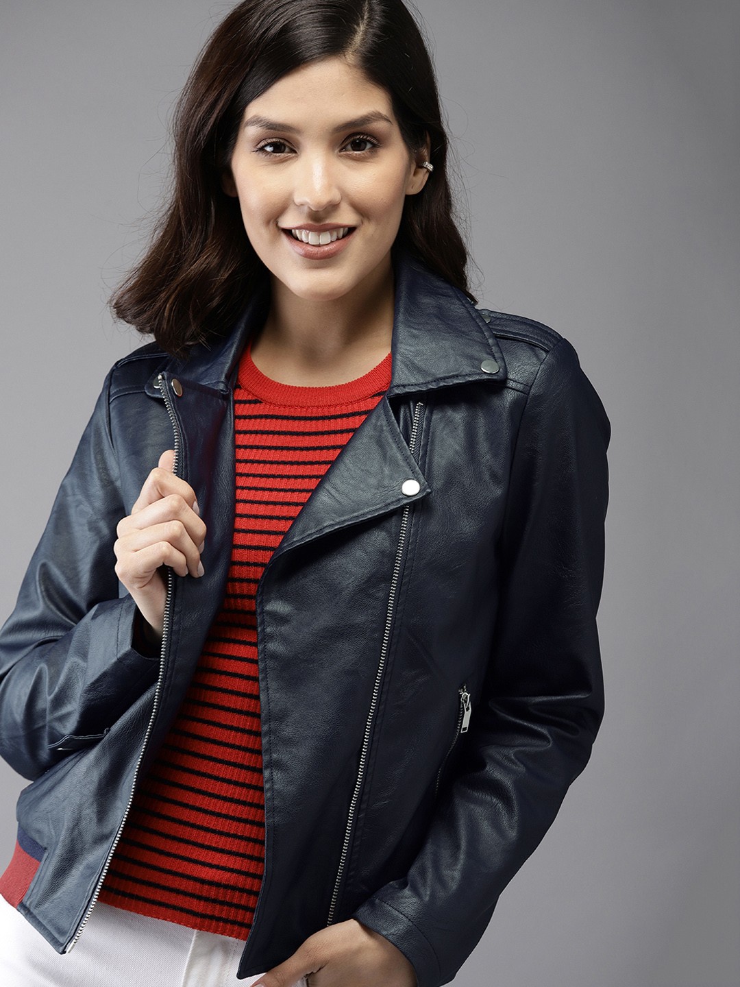 

HERE&NOW Women Navy Blue Solid Jacket