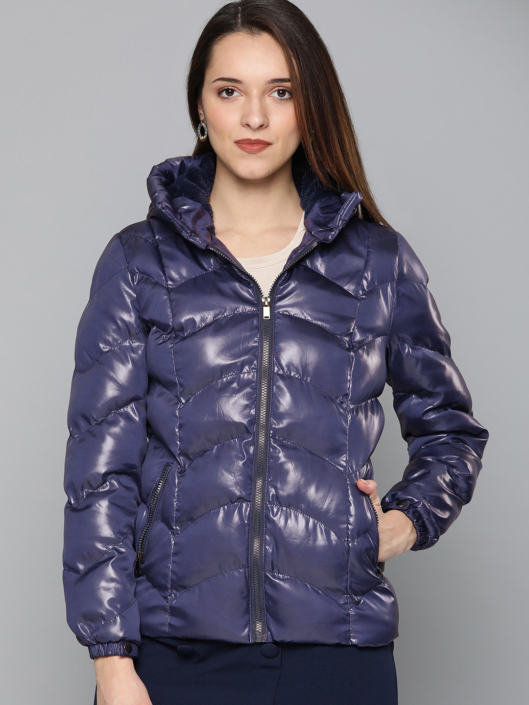 

HERE&NOW Women Navy Blue Solid Puffer Jacket