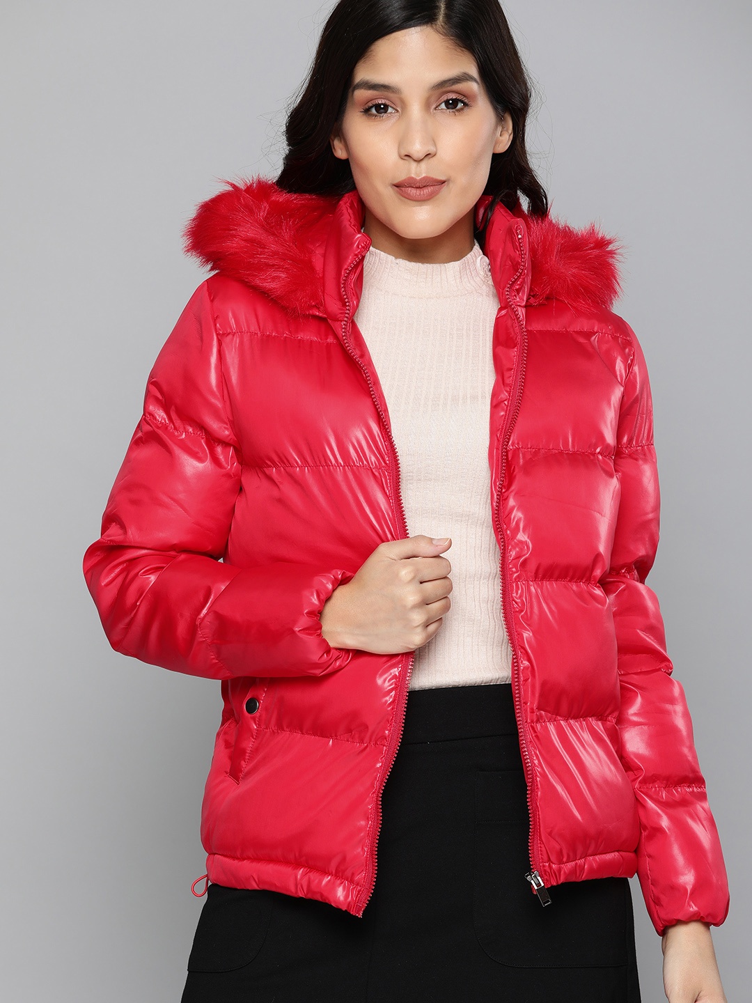 

HERE&NOW Women Red Solid Windcheater Hooded Puffer Jacket
