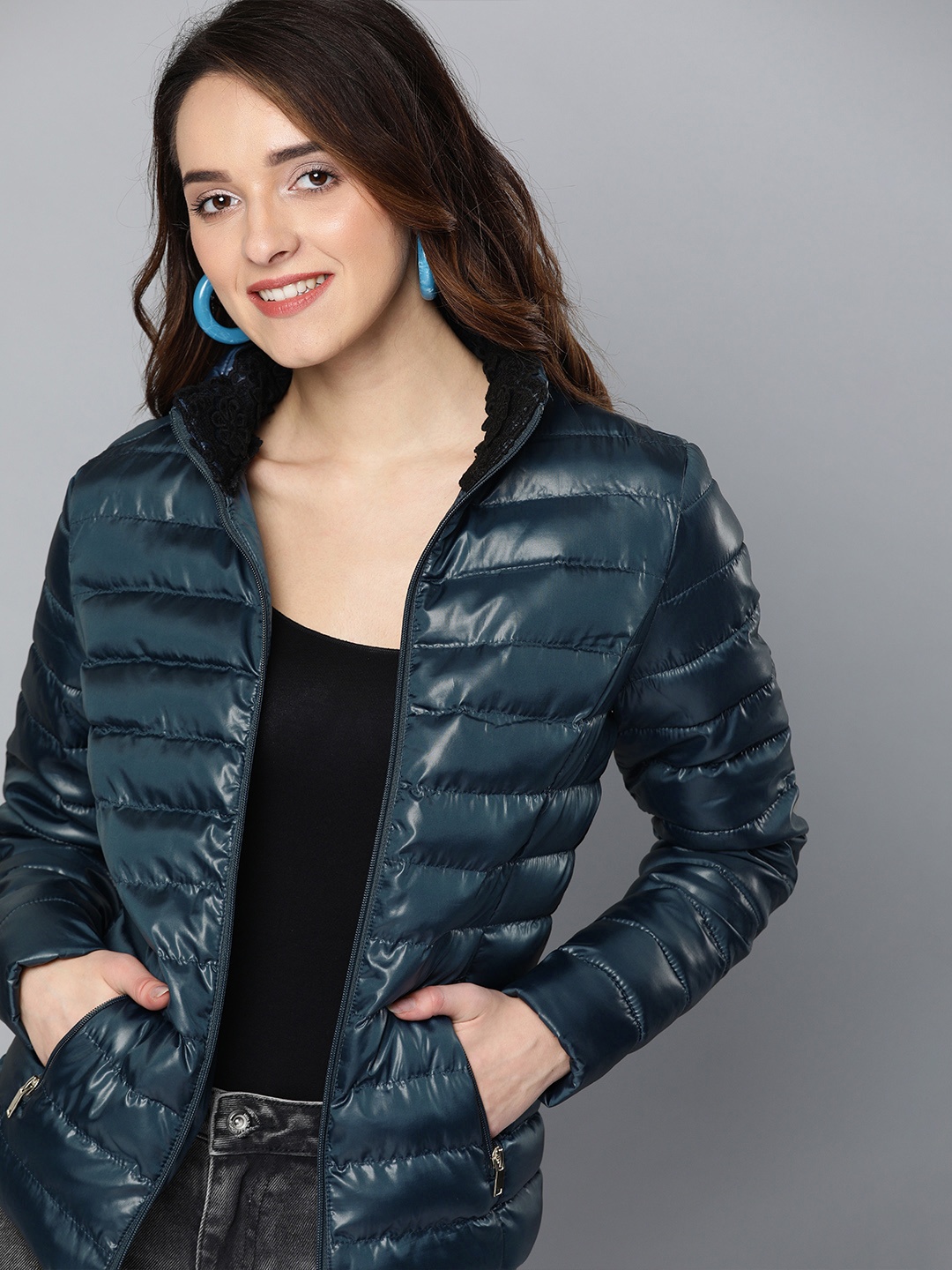 

HERE&NOW Women Navy Blue Solid Puffer Jacket