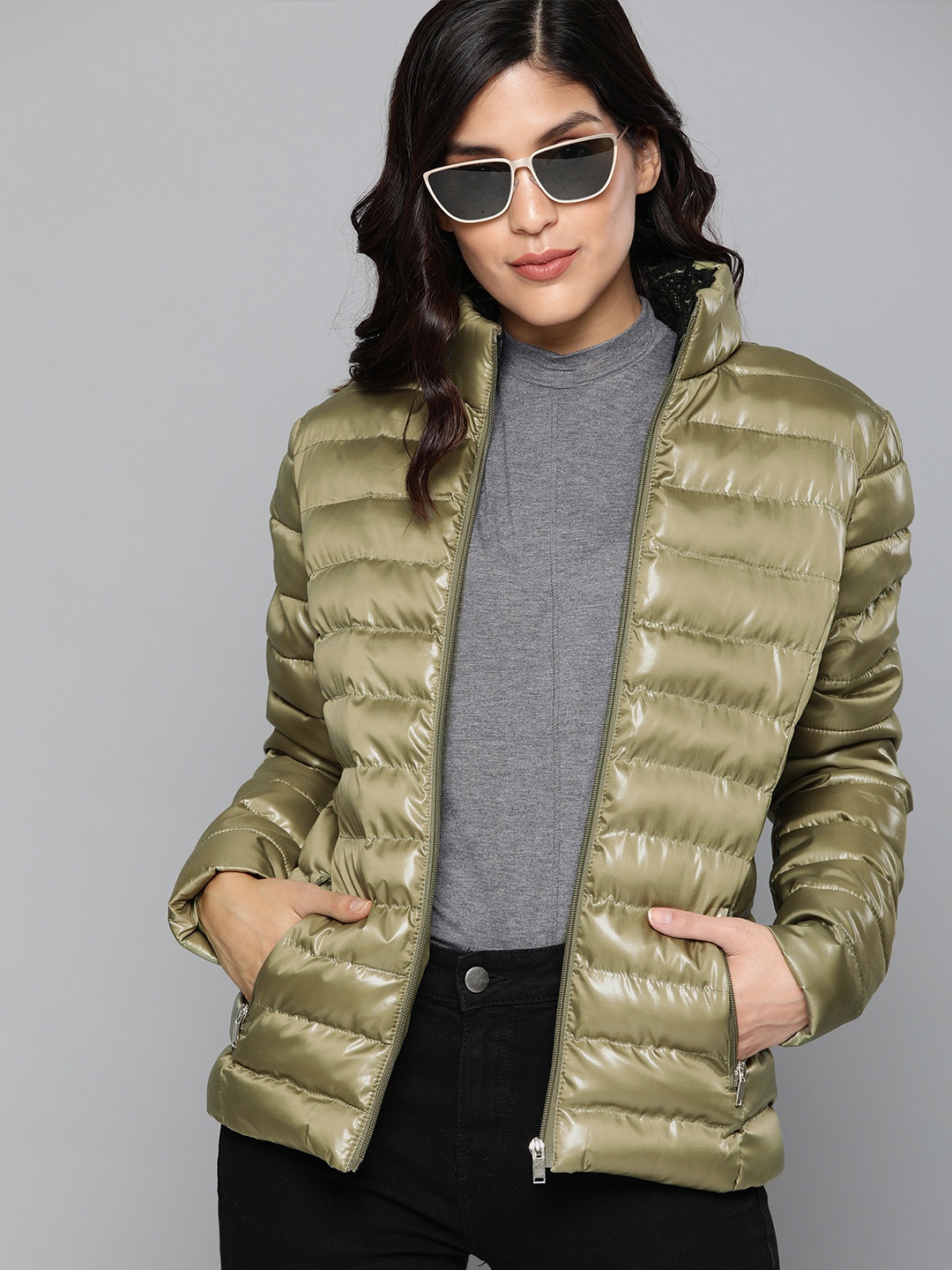 

HERE&NOW Women Olive Green Solid Lightweight Puffer Jacket