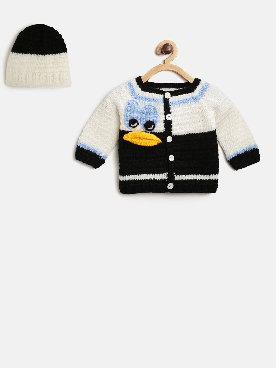 

CHUTPUT Kids White & Black Colourblocked Cardigan with Beanie