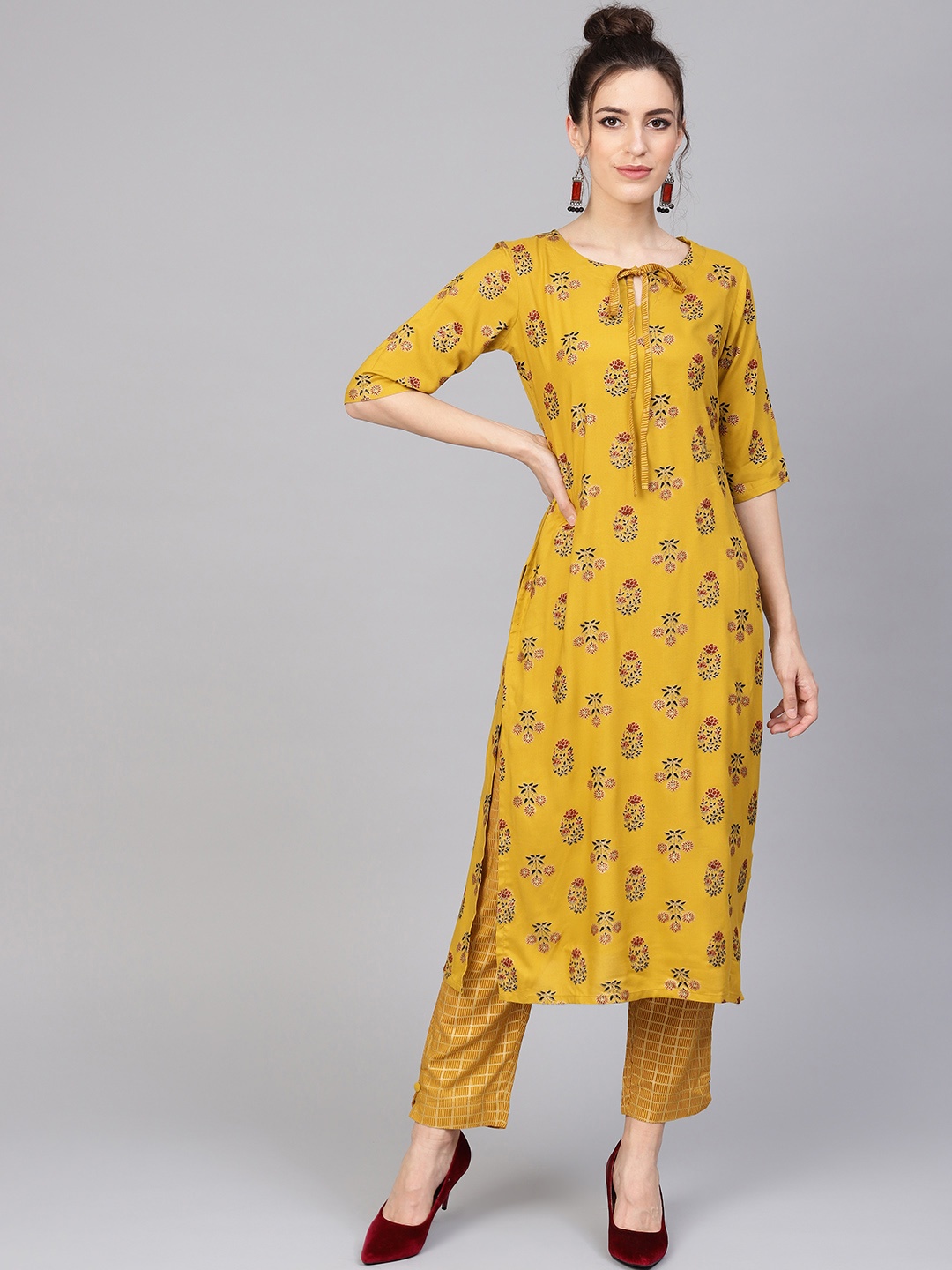 

GERUA Women Mustard Yellow & Rust Red Block Printed Kurta with Trousers