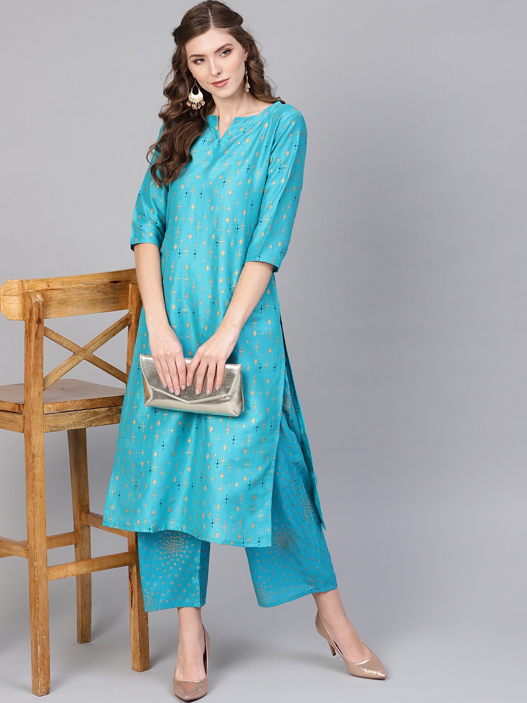 

Gerua By Libas Women Blue Golden Block Print Kurta with Palazzos