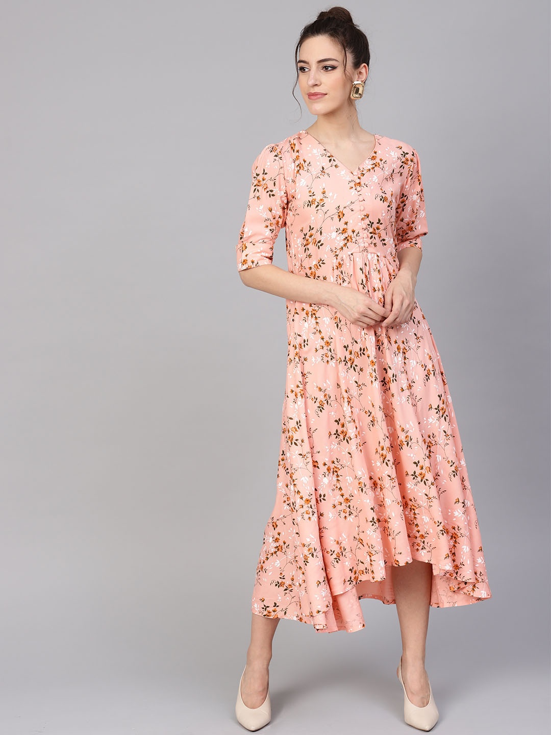 

GERUA Women Peach-Coloured & Green Floral Print Maxi Dress