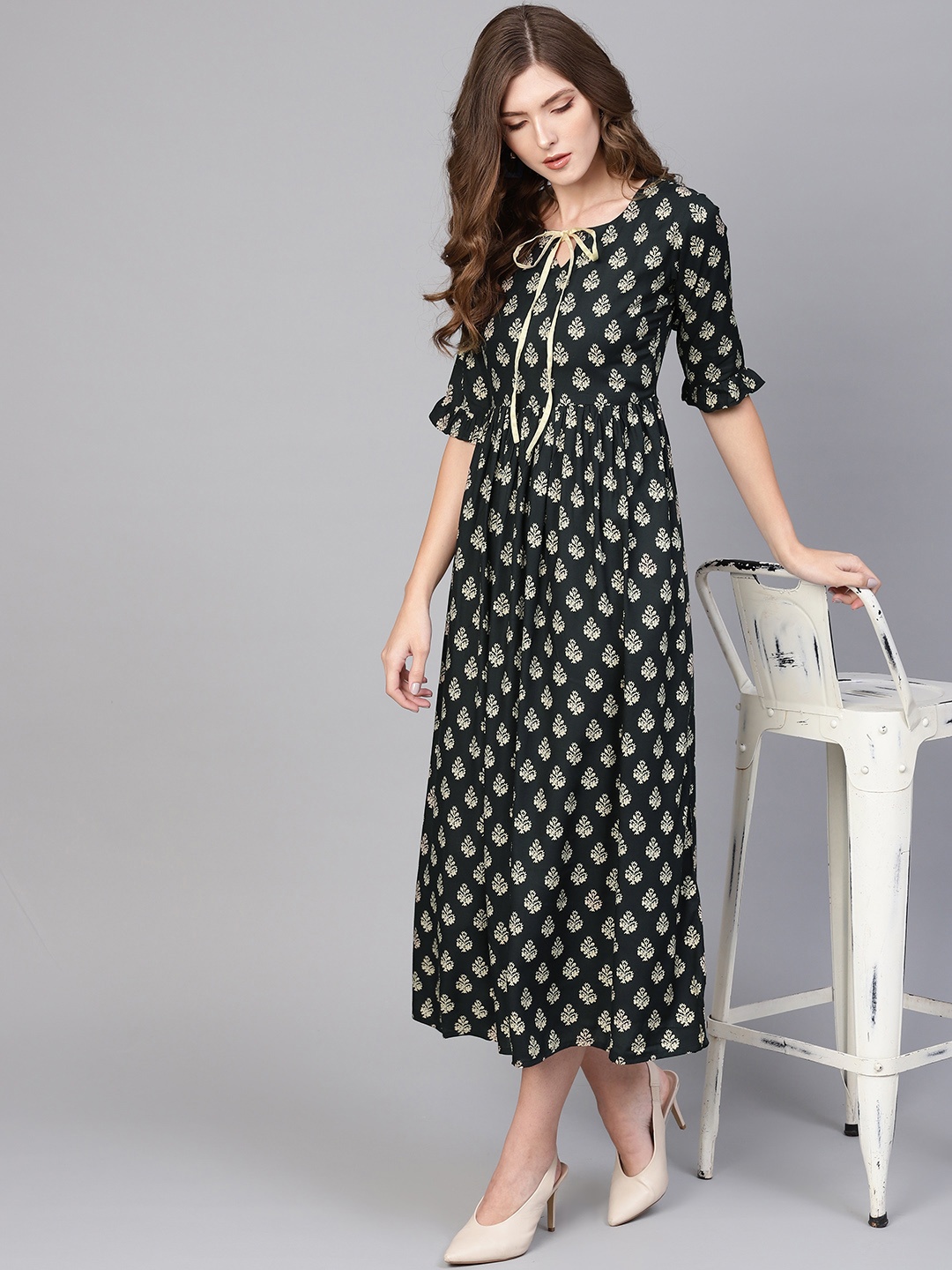 

GERUA Women Black & Cream-Coloured Printed Midi A-Line Dress