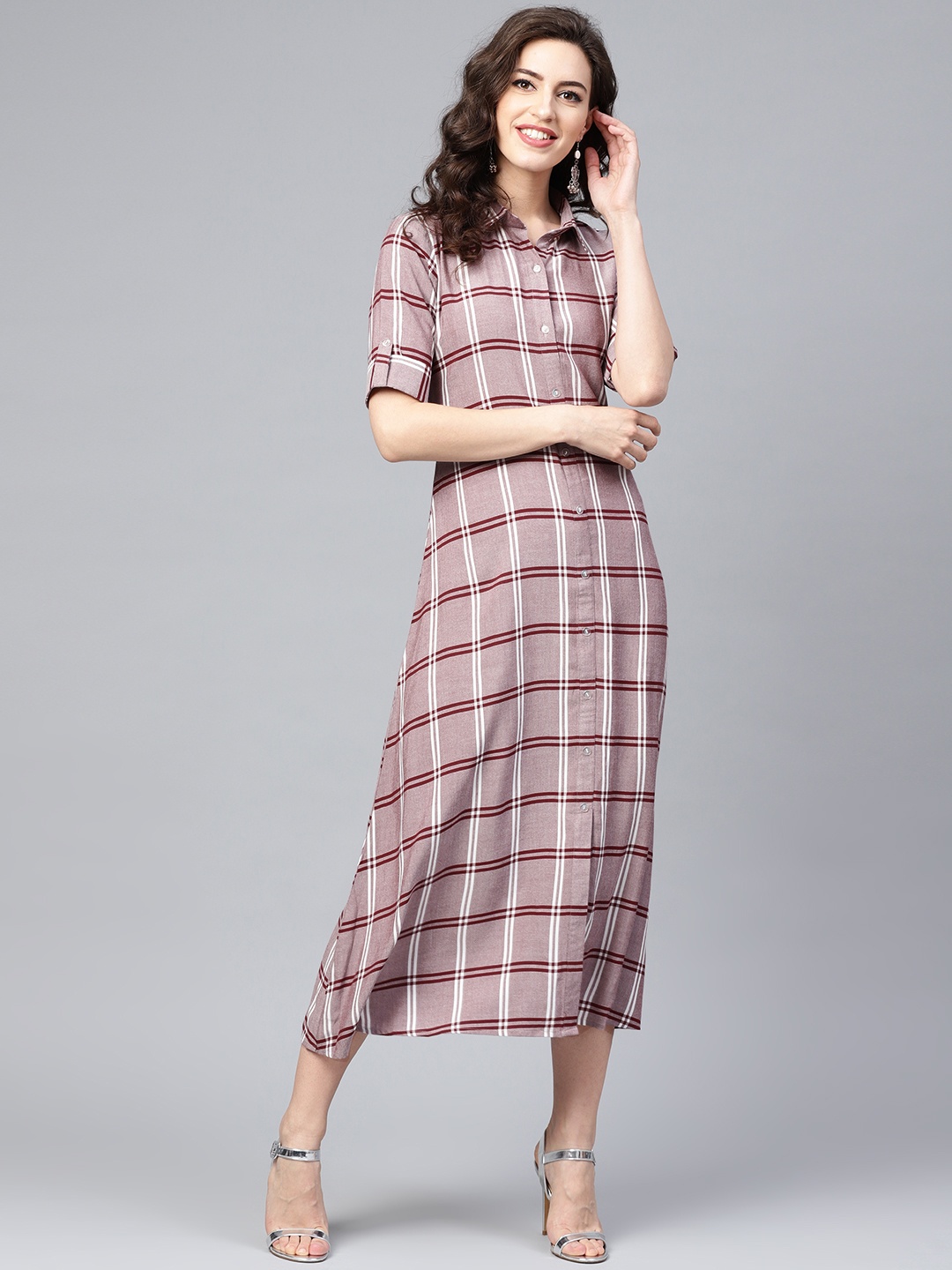 

Gerua By Libas Women Mauve White Checked Shirt Dress