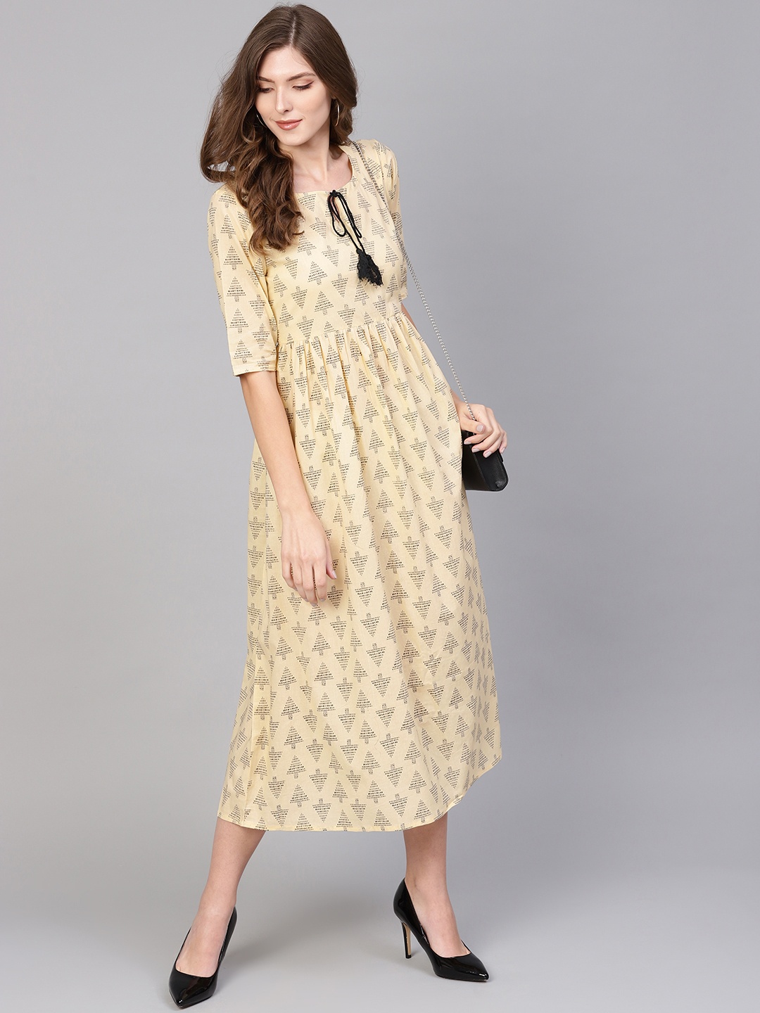 

GERUA Women Cream-Coloured & Black Printed A-Line Dress