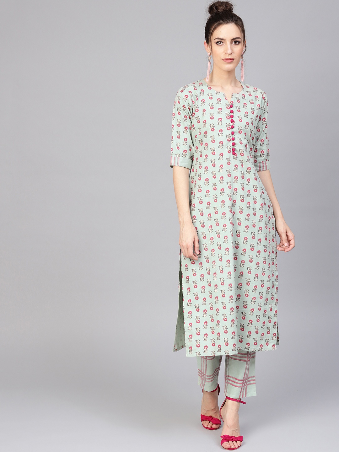 

Gerua By Libas Women Green Pink Printed Kurta with Trousers