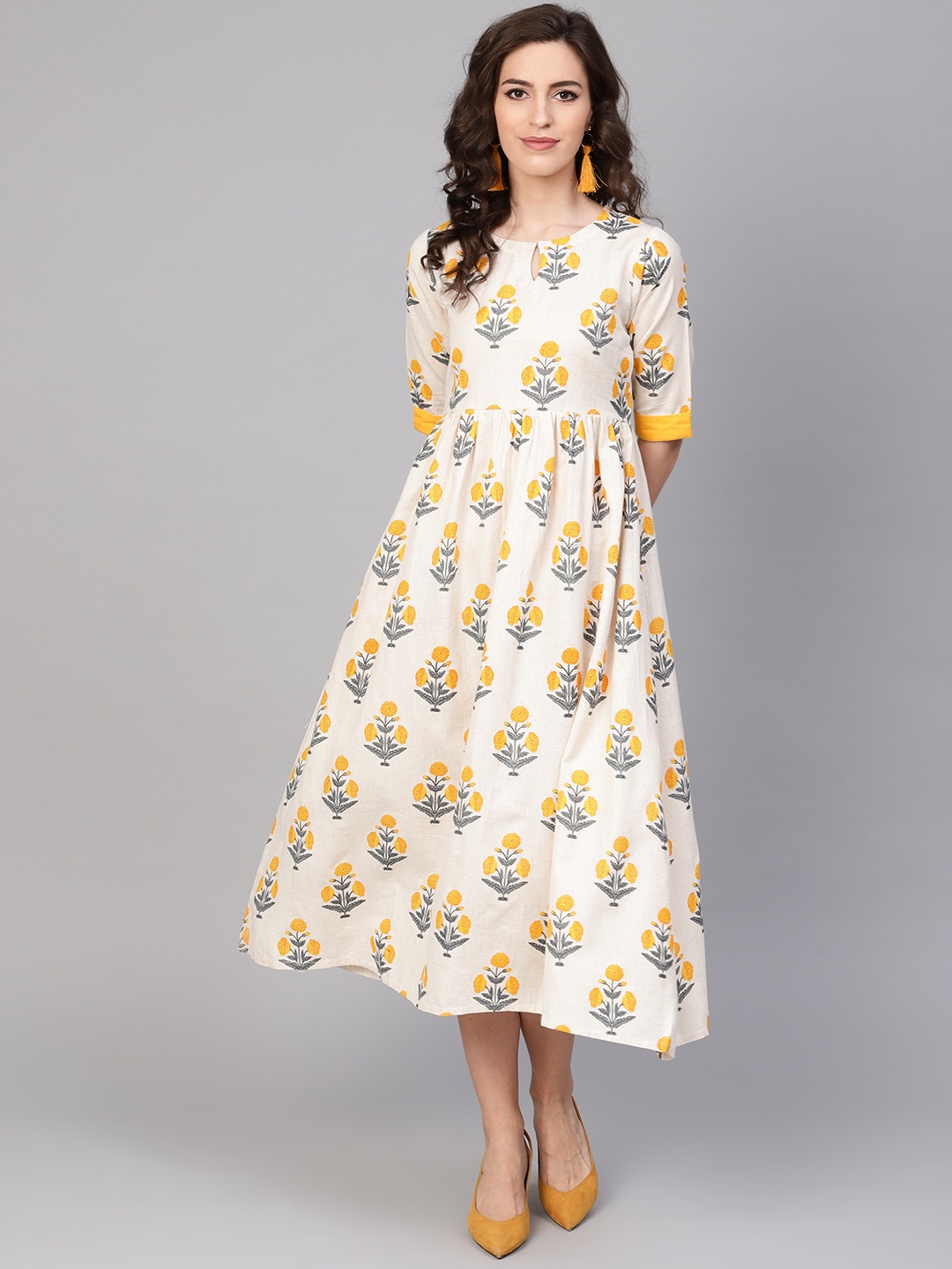 

GERUA Women Off-White & Yellow Printed A-Line Dress