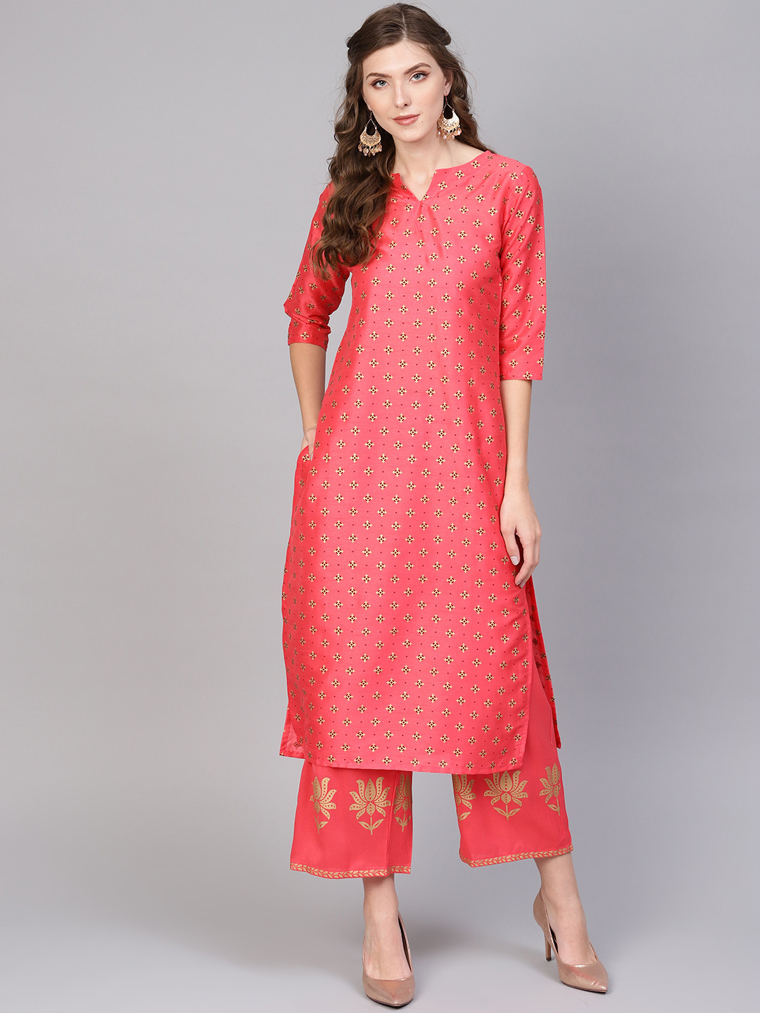 

Gerua By Libas Women Coral Pink Golden Block Print Kurta with Palazzos