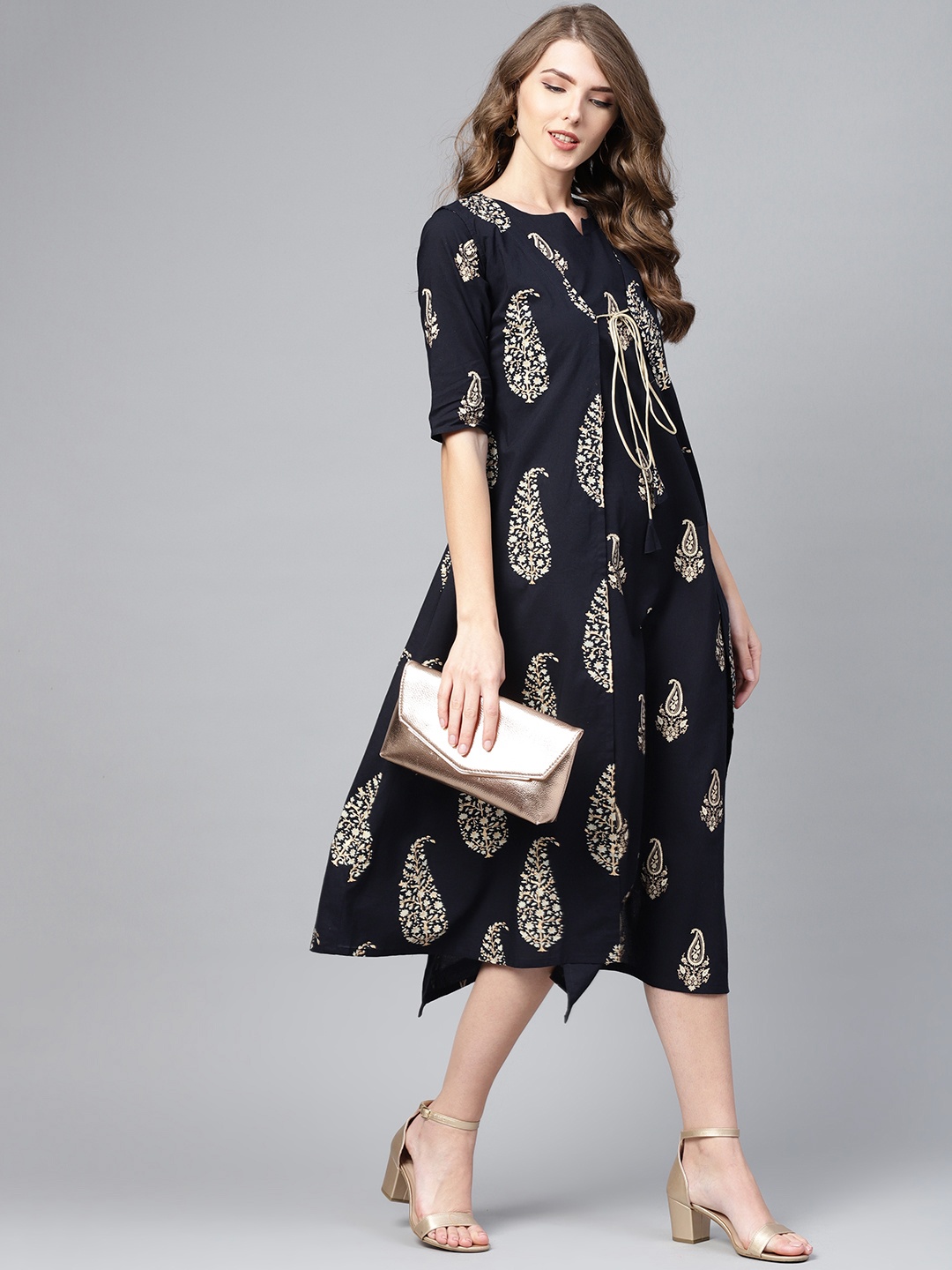 

GERUA Women Navy Blue & Beige Block Print Layered A-Line Dress