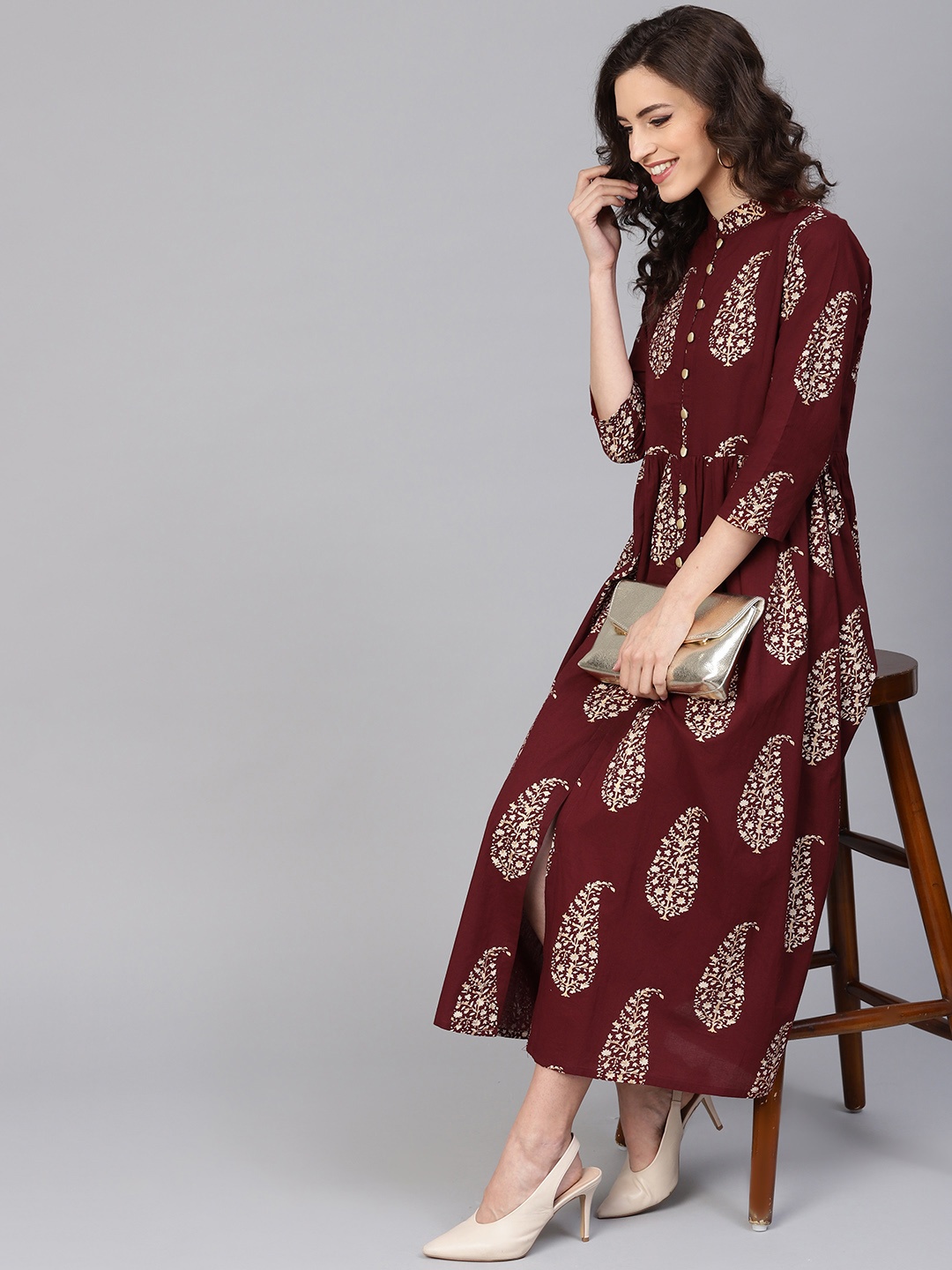 

Gerua By Libas Women Maroon Golden Block Print A-Line Dress