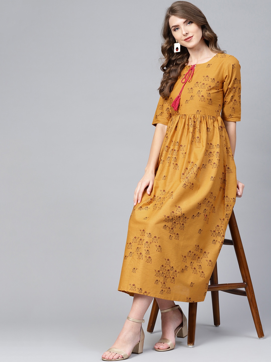 

GERUA Women Mustard Yellow & Black Camel Printed A-Line Dress