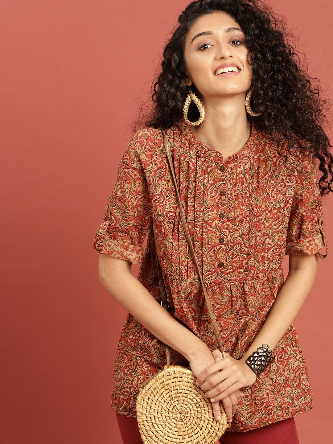 

Taavi Women Rust Orange Kalamkari Hand Block Printed Pleated A-line Pure Cotton Top