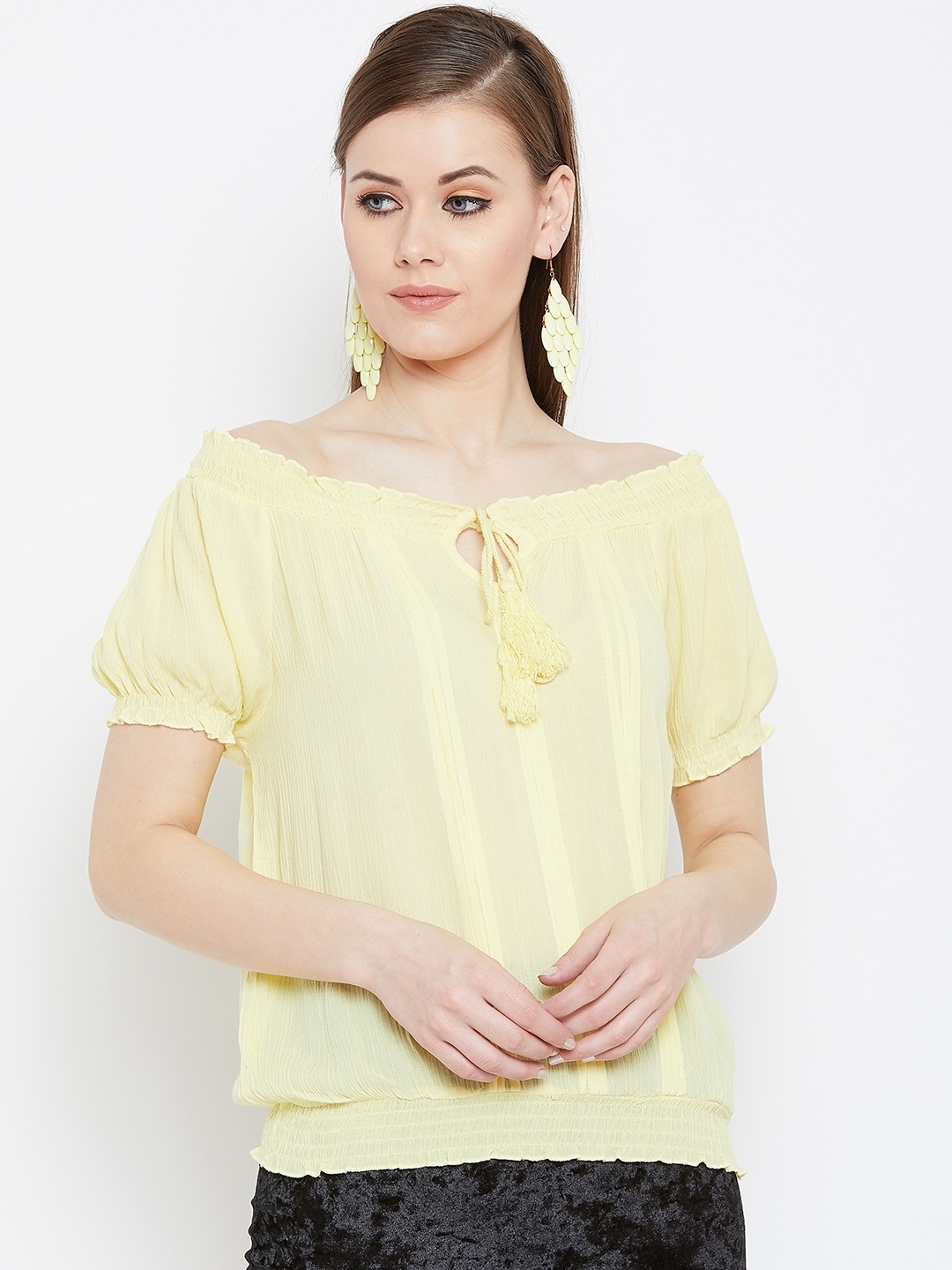 

PURYS Women Yellow Solid Blouson Top